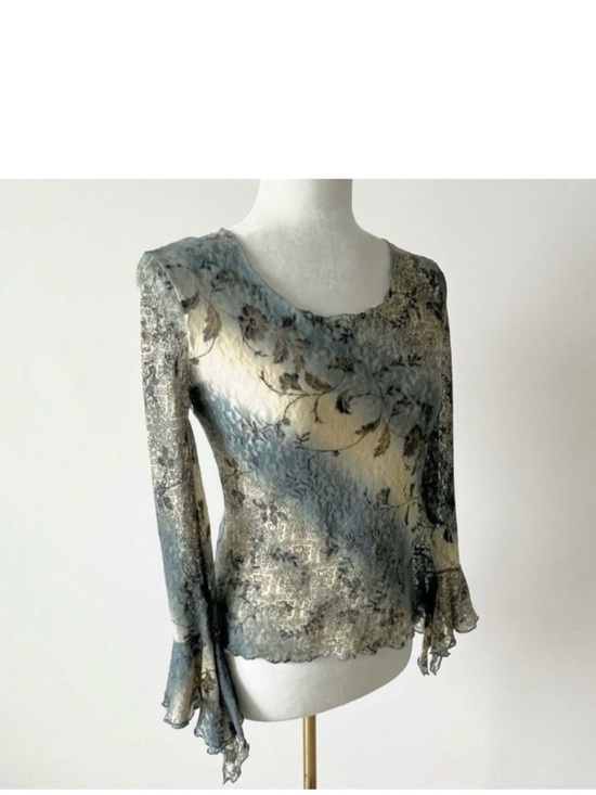 Tops - Sheer Lace Blouse, Floral Mesh, Bell Sleeve, Blue Grey & Brown Romantic Vintage